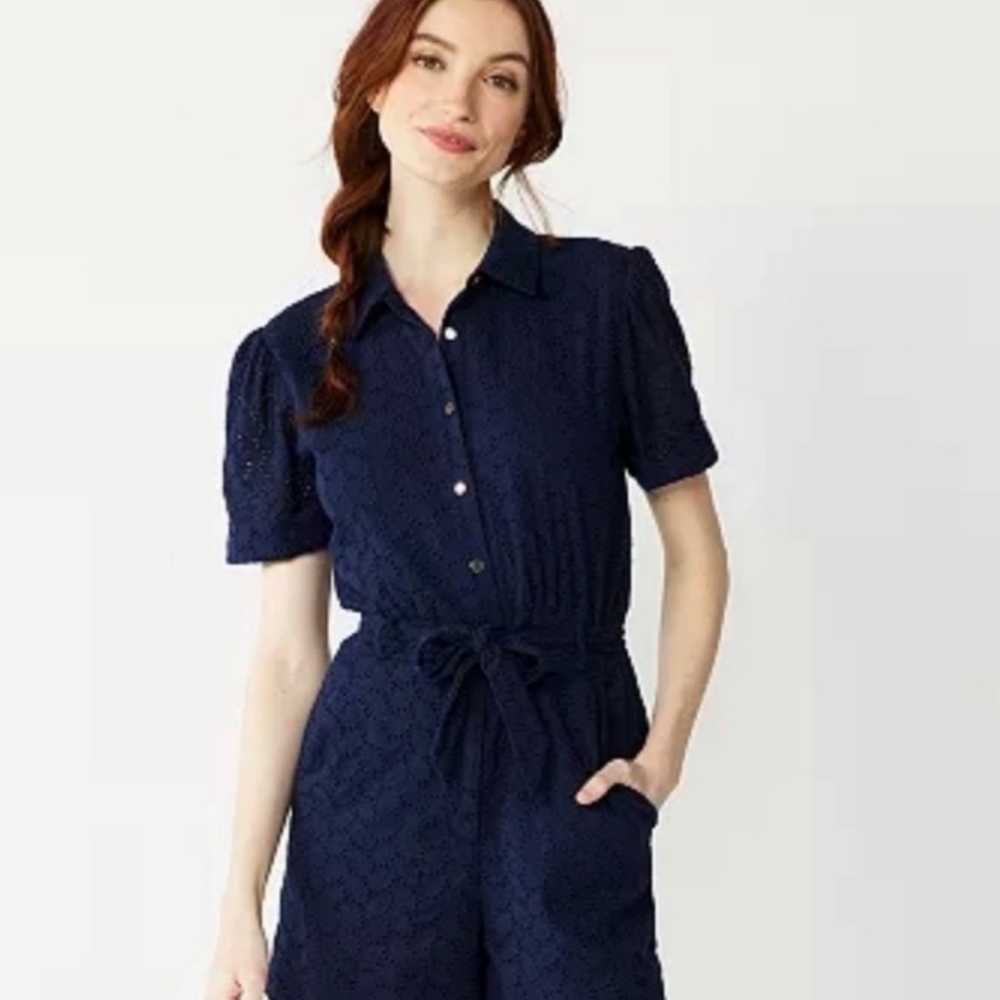 Draper James Romper Navy Blue Eyelette Gold Buttons Small Coquette Coastal Prep